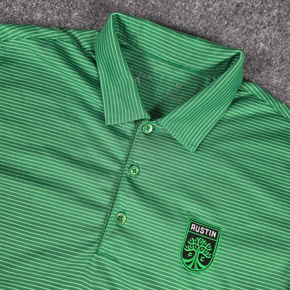 Austin FC Antigua Polo Shirt Mens M Green Striped MLS Soccer Short Sleeve